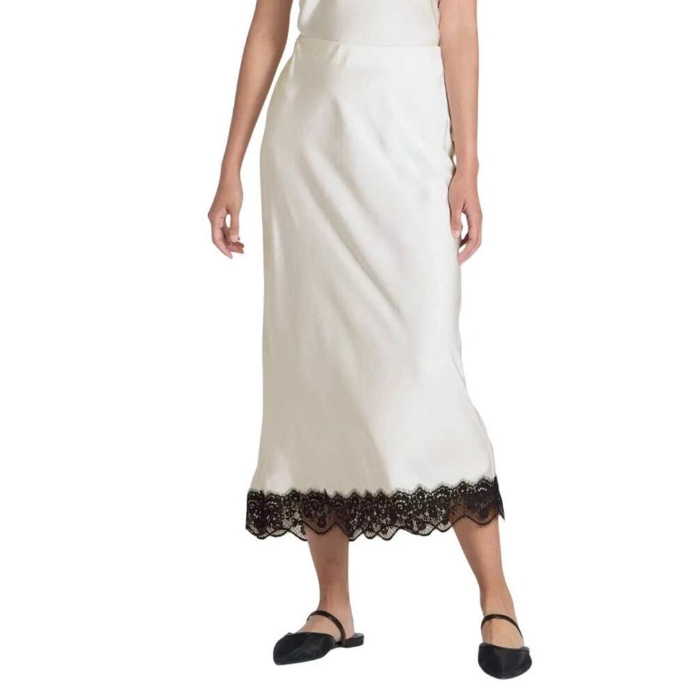 A New Day Cream Slip Skirt Lace Trim Midi Satin Feel Boho Coastal Size L New